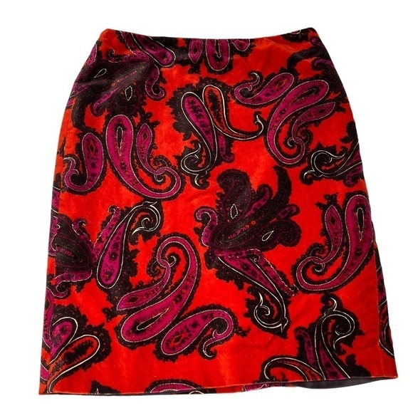 TALBOTS Orange Velvet Purple Paisley Pencil Midi Skirt Size 2 - Picture 4 of 15
